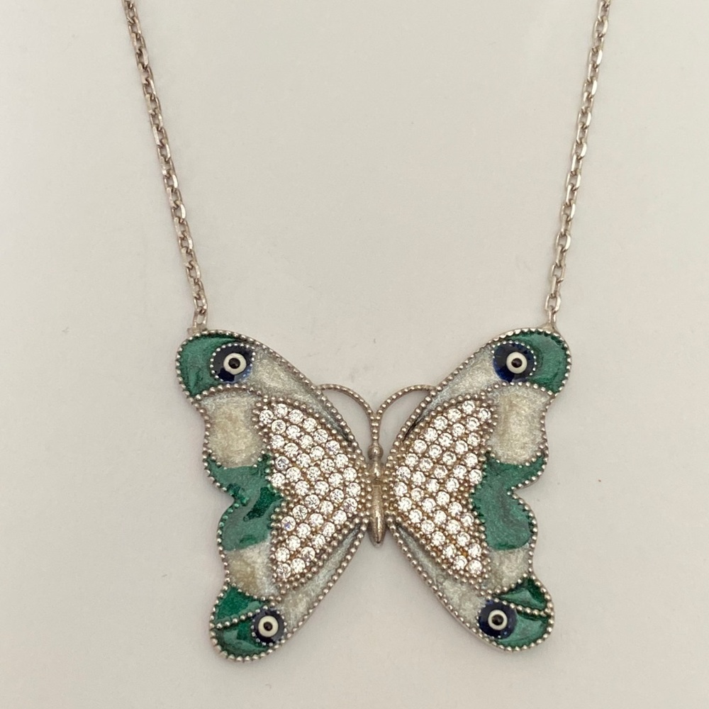 Green butterfly 925 silver evil eye eyes necklace handmade enamel cz stones - Picture 3 of 4